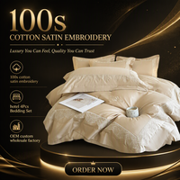 Ensemble de housse de couette en satin de coton 100% - 4 pièces - Broderie - Couleur champagne doré - Literie pour la maison et la chambre d'hôtes
