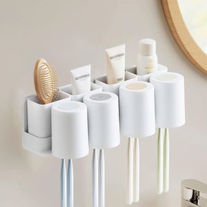 Portable Plastic Three-piece Set Modern Wall-Mounted <b>Toothbrush</b> <b>Holder</b> with Toothpaste Dispenser Cups - Product Image 1