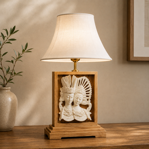 Lampe de table dansante balinaise, base en bois, abat-jour couleur bois naturel, style asiatique moderne, durable, écologique, mobilier de maison, salle à manger - Product Image 6
