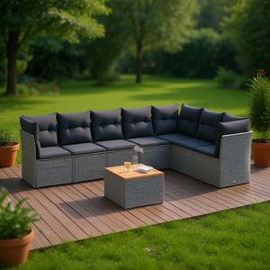 ชุดโซฟาหวายสีเทาสำหรับสวน 6 ที่นั่ง เฟอร์นิเจอร์กลางแจ้ง ทนทานต่อสภาพอากาศ ดีไซน์ร่วมสมัย - Product Image 2