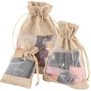 Sacchetti regalo di iuta all'ingrosso della fabbrica con la borsa di cordino della tela della finestra trasparente di iuta sacchetti di Organza per candele profumate e artigianato