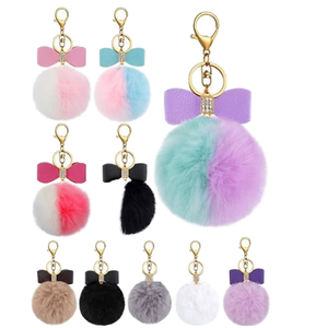 Móc khó<span class=keywords><strong>a</strong></span> dễ thương hình nơ, chất liệu da mềm, quả cầu lông pom pom, móc khó<span class=keywords><strong>a</strong></span> kim loại nhẹ, quả cầu lông giả, quà tặng dành cho nữ - Product Image 1