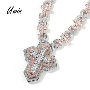 <span class=keywords><strong>Collana</strong></span> da Uomo UWIN con Ciondolo a Croce Ghiacciata, Catena Cubana con Zirconi Cubici a Forma di Baguette - Product Image 2