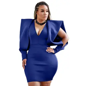 2021hot selling sexy fashion space layer solid color deep V hollow out plus size 3xl casual long sleeve dresses mini party dress