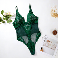 Combinaison en satin à fleurs vert émeraude pour femmes grandes tailles, dentelle fine semi-transparente, décolleté en V profond, bretelles réglables, respirante, romantique
