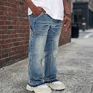 High Quality Custom <b>Vintage</b> Light Wash <b>Flare</b> <b>Jeans</b> for Men Streetwear Hip Hop Style Winter Rivet Cotton Denim Print Pattern - Product Image 3