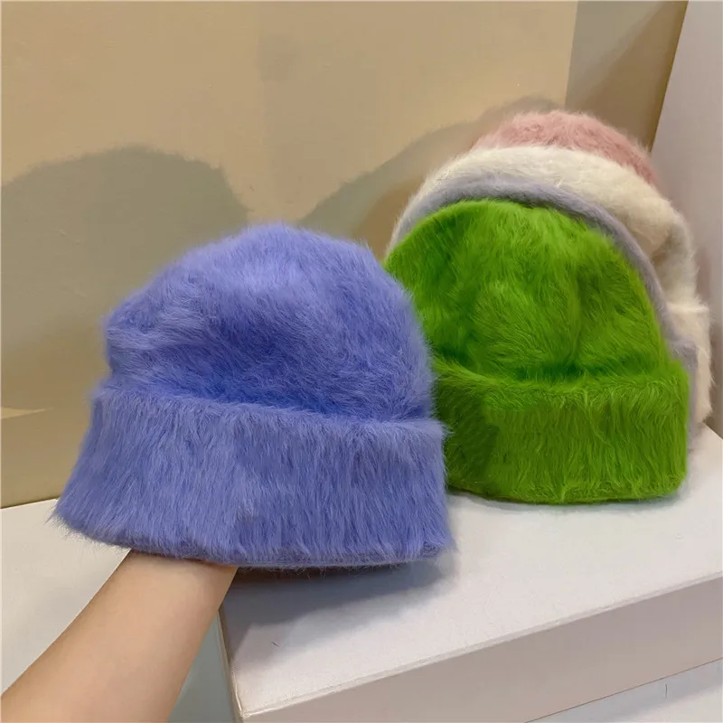 Fashion Tie Dye Furry Long Rabbit Fur Winter Hat Women'S Plush Bonnet C Letter Toe Cap Knitted Warm Beanie