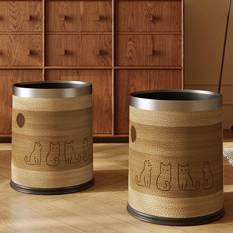 Cubo de basura de cuero con diseño de tarde en madera, 10L