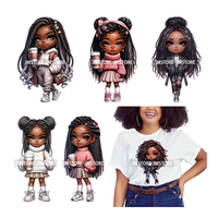 Dreadlocks Café Chibi Noir Filles Rose Mode Afro-Américain Denim Fille Fer Sur DTF Presse à Chaud Transfert Autocollants Pour Chemises
