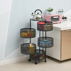 Multifunction Rotating Vegetable Fruit Storage Basket Shelving Kitchen Floor Round Storage Shelf Rack With Wheels