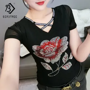 T-Shirt Jala Hitam Wanita V-neck Berlian Buatan Tangan Manik-manik Bunga Besar Ramping Atasan Wanita Kaus Lengan Pendek Musim Panas T25904