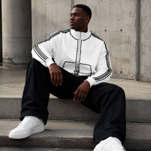 <b>White</b> Beaded Zip-Up <b>Sweatshirt</b> Stand Collar Pocket Detail Oversized Knitted <b>Men's</b> Streetwear Spring Casual Wear - Product Image 5