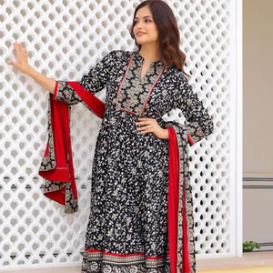 Floral Printed Mandarin Collar Regular Anarkali Kurta With <b>Trousers</b> & Dupatta - Product Image 1