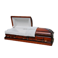 Ataúdes y Féretros Funerarios de Madera de Álamo, Terciopelo Color Caoba Oscura, Acabado Brillante, Manos Orando en las Esquinas