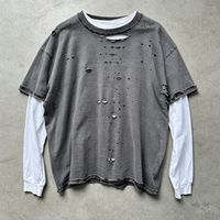 T-shirt à manches longues double couche vieilli, personnalisé avec logo, style vintage, fabriqué en Chine pour les marques