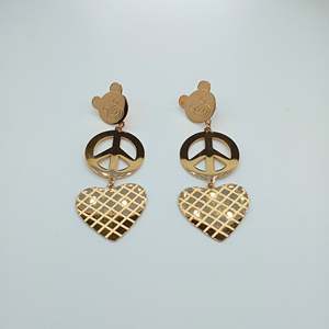 <b>Cute</b> Fashion Dangle Earrings Gold Plated 316L Stainless Steel Heart Peace Sign <b>Bear</b> Design Sustainable Resistant Jewelry Gift - Product Image 1