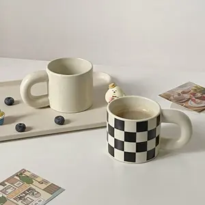 Ceramic Coffee Mug, Creative Splashed Ink and Checkerboard Cute Fat Handle Tea Cup, Nordic Style 10 oz Mug for Latte, Tea, Milk