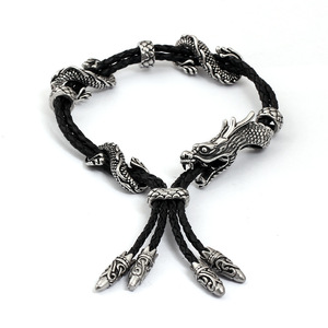 yunnique Dragon Head Leather Cord <b>Bracelet</b> Black Waxed <b>Rope</b> Tibetan Silver Men's Jewelry Gift Animal Style <b>Bracelet</b> - Product Image 1