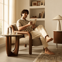 Fauteuil moderne confortable en tissu doux, fauteuil lounge en bois massif, fauteuil de salon, fauteuil de détente