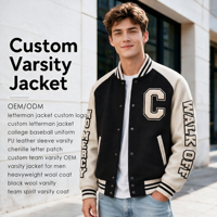 Blouson universitaire en laine noire avec manches en cuir PU, broderie plate en chenille WALK OFF, style baseball, col montant, hiver, OEM