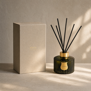 Aikun Large Capacity Ribbed Dark Green Glass Reed <b>Diffuser</b> <b>with</b> Black Fiber <b>Sticks</b> Gold Collar Gift Box for Office Reception - Product Image 1