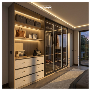 Armoire de chambre moderne luxueuse autoportante, verrouillable et amovible, avec portes vitrées, éclairage LED, 5+ tiroirs et placard - Product Image 1