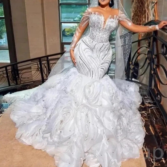 Customized Luxury Beaded Mermaid Wedding Dress Off-Shoulder V-Neck Long  Sleeve Detachable Lace Train African Bridal Gown| Alibaba.com