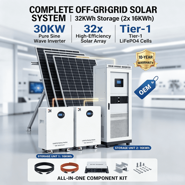 Complete Off-Grid Solar Power System 10KW 20KW 30KW with 16KWh 32KWh LiFePO4 Battery Storage All-in-One Home Solar Kit
