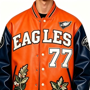 Veste universitaire pour homme de style américain, personnalisable OEM/ODM, avec manches en cuir et lettres en chenille, style baseball, avec patchs raffinés - Product Image 4
