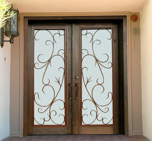 Porte d'entrée de villa <span class=keywords><strong>en</strong></span> fer forgé et <span class=keywords><strong>bois</strong></span>, avec verre, double porte principale avec motifs de grille, utilisée par Lowes - Product Image 4