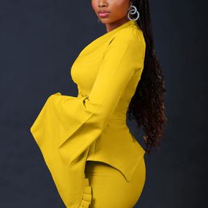 Vestido de moda para mujer con cuello en V, manga amplia con pliegues, color liso y abertura, corte ajustado - Product Image 5