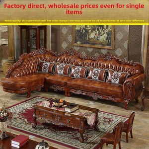 Nuovo Divano in Vera Pelle Stile Europeo, Set di Lusso per Soggiorno con Angolo in Legno Massello, Design Retrò Americano di Alta Gamma - Product Image 2