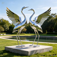 Maßgefertigte Große Edelstahl-Spiegel-Kranich-Skulptur Metallische Rotkronen-Kranich-Statuen-Set für Teich, Park & Kommerzielle Landschaftskunst