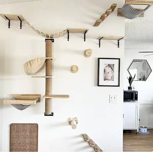 Furnitur dinding Modern kucing terpasang di kayu, termasuk tangga pohon jembatan rumah dan penggaruk rak dinding kucing mewah - Product Image 4