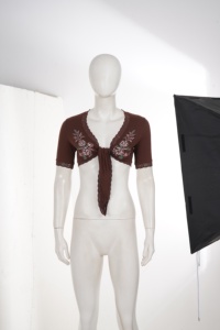 Bolero de Mujer con Bordado Floral Marrón y Ribete de Encaje, Manga Corta, con Lazo Delantero, Estilo Vintage, Top Corto, Cárdigan de Verano - Product Image 6