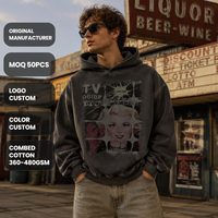 Sweat à capuche pour homme en coton molletonné délavé à l'acide 460GSM, imprimé graphique vintage style collage, coupe ample, streetwear urbain décontracté