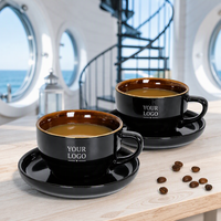 Ensemble tasse et soucoupe à café en céramique noire, pour cappuccino, à large ouverture, avec bord intérieur bronze, logo personnalisé, vente en gros, café, hôtel, OEM, ODM, en vrac
