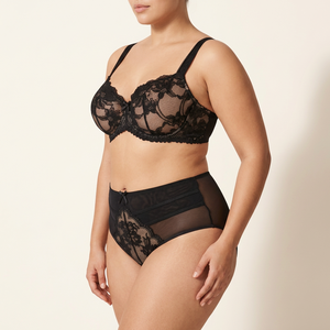 Ensemble de lingerie séduisant en maille transparente, soutien-gorge couvrant avec broderie anneau doré et culotte assortie pour adultes - Product Image 1