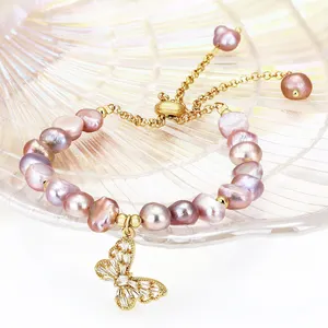 Elegante barroco perla de agua dulce circón cúbico diamante mariposa encanto ajustable mujeres pulseras