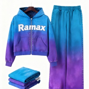 Conjunto de Sudadera con Capucha y Pantalones Deportivos Casuales Unisex de Talla Grande para Hombre, con Logotipo Personalizado, Pedrería Brillante, Cierre de Cremallera, Diamantes de Imitación - Product Image 2