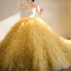Yellow Strapless Tulle Ball Gown Sweetheart Neckline Empire Waist Wedding Dress Candy Color Haute Couture Princess Style - Product Image 2