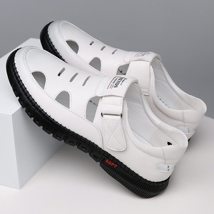 Trends Men Leather Sandals <b>Flat</b> Breathable Hollow-Out Velcro Closure Soft Sole Casual Shoes Brown - Product Image 2