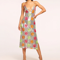 Neues Design: Glitzerndes Blumenkleid mit offenem Rücken, seitlichem Schlitz und V-Ausschnitt – Pailletten-Abendkleid für Partys und Clubs