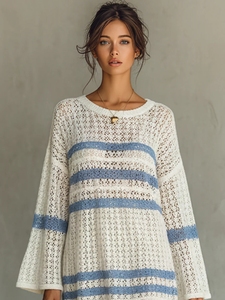 Abito Estivo da Donna con Collo Tondo, a Righe Blu e Bianche, Traforato, a Maniche Lunghe in Maglia (Personalizzabile) - Product Image 1