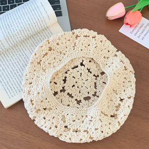 Señora Vintage flores hueco hecho <span class=keywords><strong>a</strong></span> mano <span class=keywords><strong>boina</strong></span> sombrero fino transpirable algodón ganchillo lindo punto <span class=keywords><strong>boina</strong></span> gorras - Product Image 5