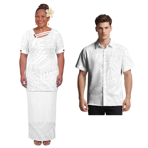 Conjunto de pareja boutique: Puletasi hawaiano con botones de cáscara de coco, camisas samoa <span class=keywords><strong>para</strong></span> hombre, ropa polinesia blanca <span class=keywords><strong>para</strong></span> él y <span class=keywords><strong>para</strong></span> ella. - Product Image 2