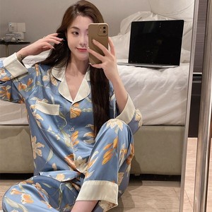 Ensemble de pyjama en satin pour femmes, manches longues, imprimé floral, vêtements de détente, deux pièces, vêtements de nuit, printemps été - Product Image 3