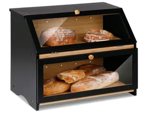 Double Layer Large Bread Box For Kitchen Counter Wooden Large Capacity Bread Storage Bin Black