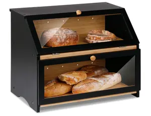 Double Layer Large Bread Box for Kitchen Counter, Wooden Large Capacity Bread Storage Bin (Black)