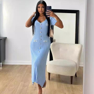 Abito estivo Sexy lavorato a maglia con scollo a V profondo lavorato a maglia aderente a maniche corte per Clubwear da festa <span class=keywords><strong>abiti</strong></span> <span class=keywords><strong>lunghi</strong></span> - Product Image 1